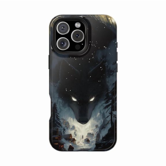 Giant Wolf Watching Over Winter Village Forest Scene Case for iPhone 17 16 15 14 13 12 11 Pro Max