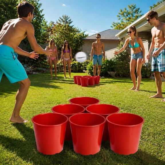 Giant Yard Pong Game Set with 12 Durable Buckets, 2 Pvc Balls, Carry Bag for Beach, Backyard, Pool, Camping