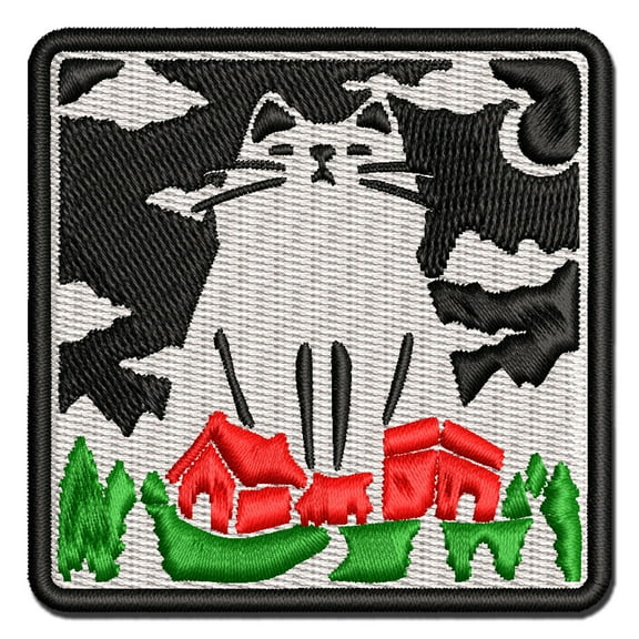 Giant Yule Cat Looming Over Village Christmas Applique Multi-Color Embroidered Hook & Loop Patch - 3.5 Inch Large