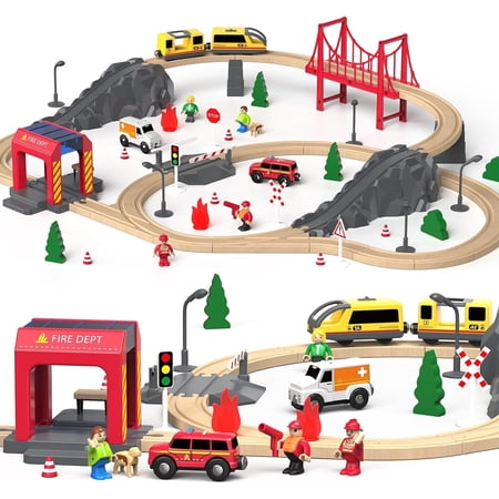 Giant bean 72Pcs Wooden Train Set & Tracks, Gift Packed Toy Railway Kits for Kids, Toddler Boys and Girls 3,4,5 Years and Up