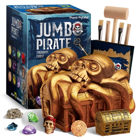 Piano Potato Pirate Dig Kit - Dig up 12 Pirate Treasures, Gold Coins, Gemstones - Digging Kit for Kids - Pirate Treasure Chest Dig Kit, Pirate Treasure Excavation Kit