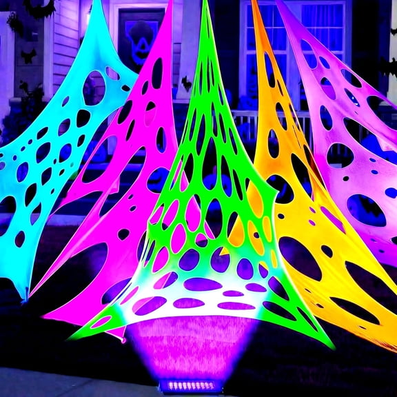 Giant outdoor Halloween spider web decoration, including one blacklight and ten ground stakes; made from highly elastic mesh fabric that allows for flexible, customizable stretching—perfect for decor