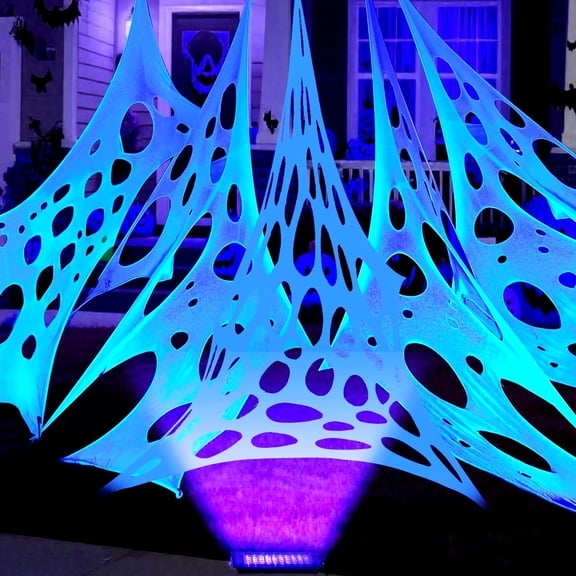 Giant outdoor Halloween spider web decoration, including one blacklight and ten ground stakes; made from highly elastic mesh fabric that allows for flexible, customizable stretching—perfect for decor
