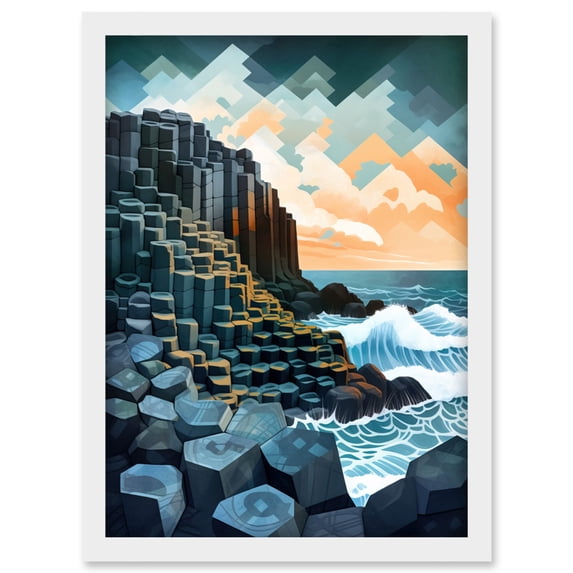 Giant's Causeway Northern Ireland Basalt Formations and Polygonal Clouds Modern Watercolour Painting Artwork Framed Wall Art Print A4