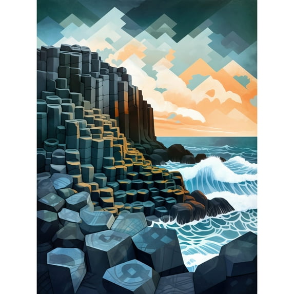 Giant's Causeway Northern Ireland Basalt Formations and Polygonal Clouds Modern Watercolour Painting Extra Large XL Wall Art Poster Print