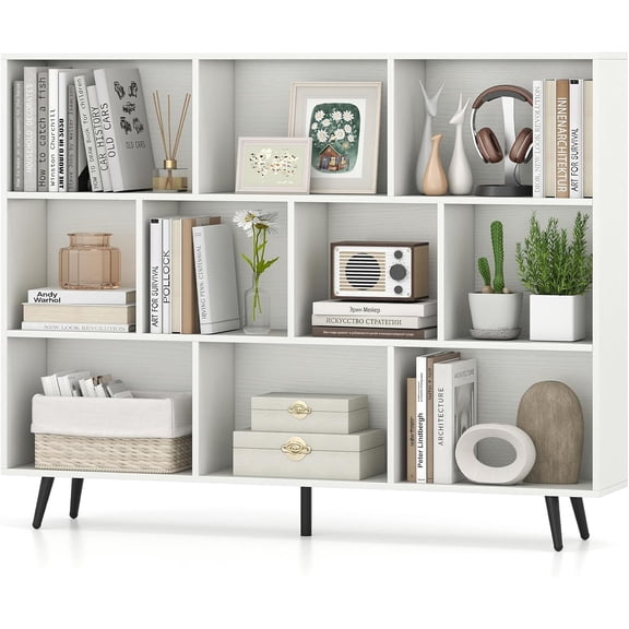 Giantex 10-Cube Bookcase, 3-Tier Modern Bookshelf with 5 Metal Legs, 55" Freestanding Open Storage Organizer with 2 Anti-tip Devices, Mid-Century Display Rack for Living Room (55" x 9.5" x 42")