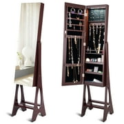 Giantex 12 LED Jewelry Armoire Cabinet w/Frameless Full-length Mirror, Standing Jewelry Cabinet wi/Large Storage Space, 3 Angles Adjustable (Brown)