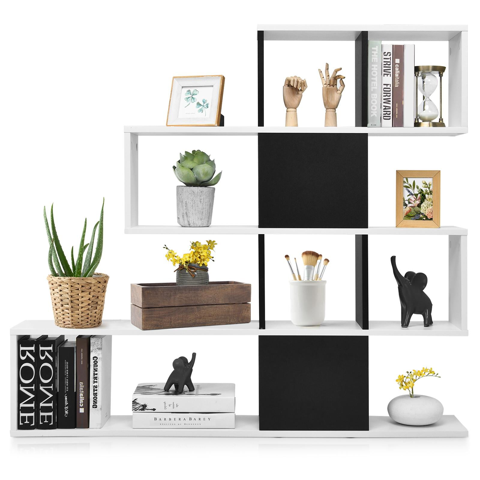 Giantex 16 Shelves Bookshelf, 9 Cubes Stepped Storage Bookcase, Modern Ladder Corner Display Storage Organizer for Home Office, Modern Room Divider, Black