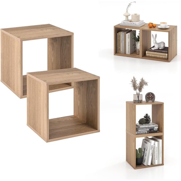 Giantex 2 Cube Bookshelf Organizer, 2-Tier Stackable Cube Storage Organizer, Small Wooden Open Book Shelf with Anti-toppling Device, Wood Floor Standing Display Shelving Bookcase, Natural