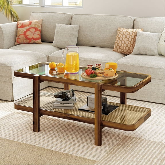 Giantex 2-Tier Boho Coffee Table, Accent Table w/PE Rattan Shelf, Center Table,  Brown & Natural