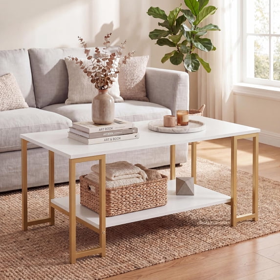 Giantex 2 Tier Coffee Table, Living Room Center Table w/Metal Frame, Accent Table, White & Gold