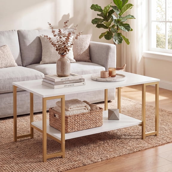 Giantex 2 Tier Coffee Table, Living Room Center Table w/Metal Frame, Accent Table, White & Gold