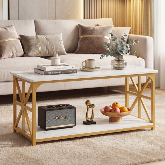 Giantex 2-Tier Coffee Table, Rectangular Accent Table w/Metal Frames, Low Cocktail Table, White