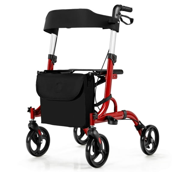 Giantex 2-in-1 Aluminum Rollator Walker w/Seat, Foldable Mobility Walking Aid w/Height Adjustable Handles & Wheels, Red