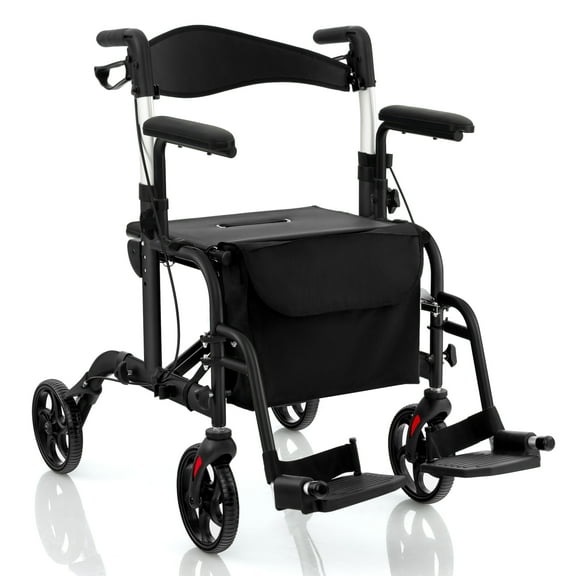 Giantex 2 in 1 Folding Rollator Walker, Portable Rolling Wheelchair w/Adjustable Height, Black