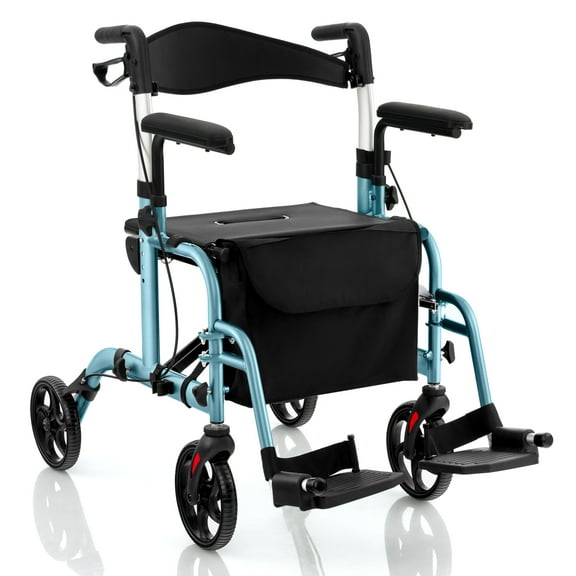 Giantex 2 in 1 Folding Rollator Walker, Portable Rolling Wheelchair w/Adjustable Height, Navy