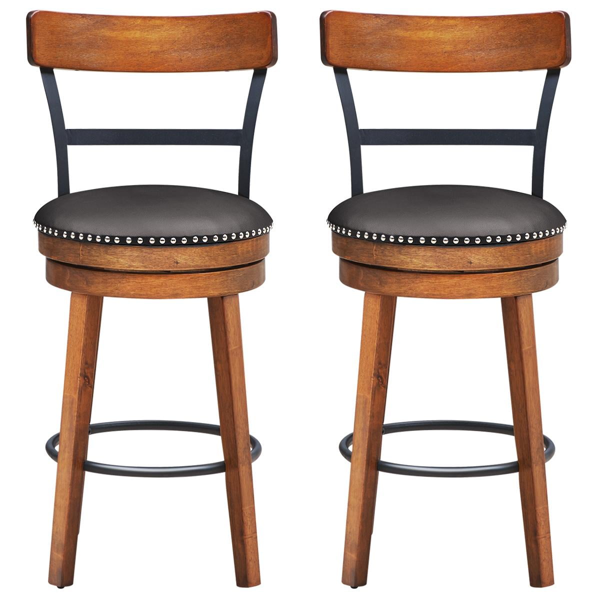 Set of 2 Brown Wood and Leather Swivel Counter Stools