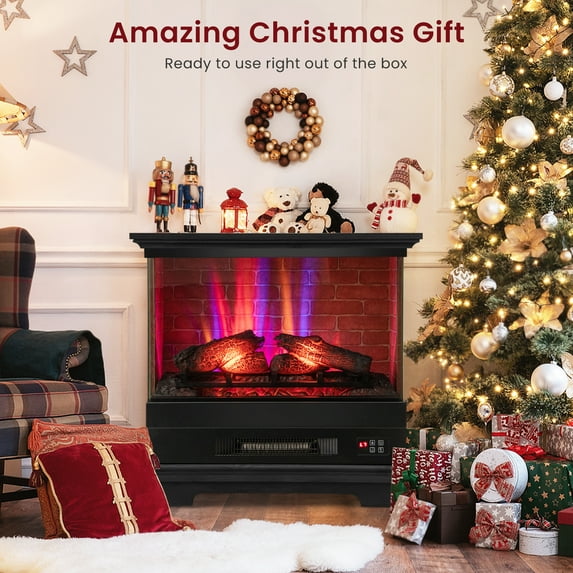 Giantex 27" Electric Fireplace Heater, Freestanding Fireplace Stove w/Remote Control, 3-Sided View, Black