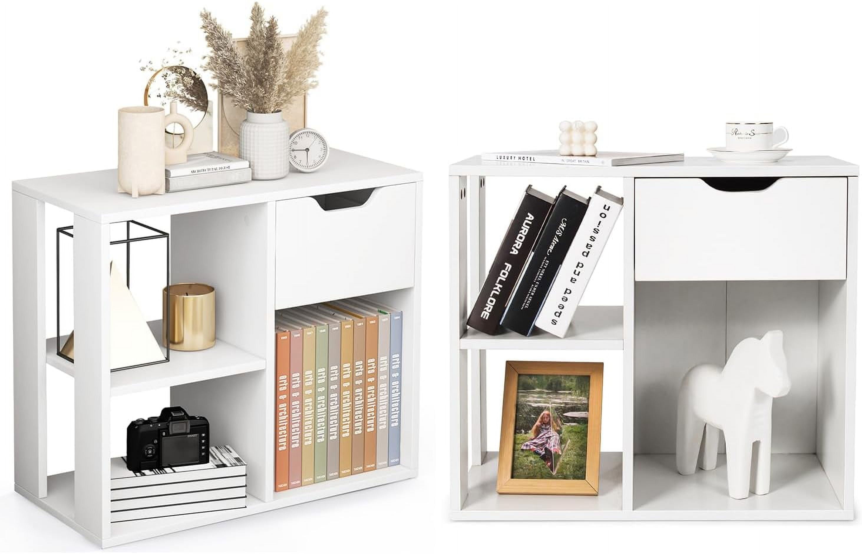 White Modern 3-Cube Bookcase with Drawer and Open Shelves