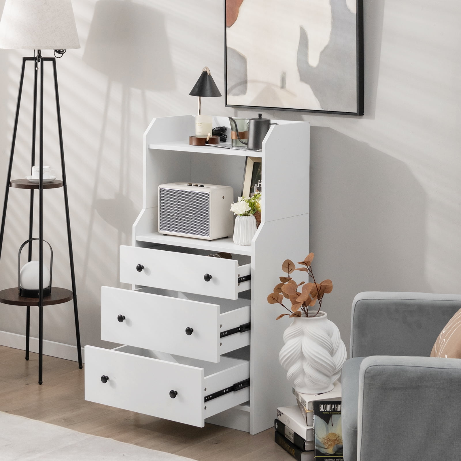 Giantex 3 Drawers Dresser for Bedroom, Storage Dresser Chest w/Anti-toppling Device, Tall Nightstand, White
