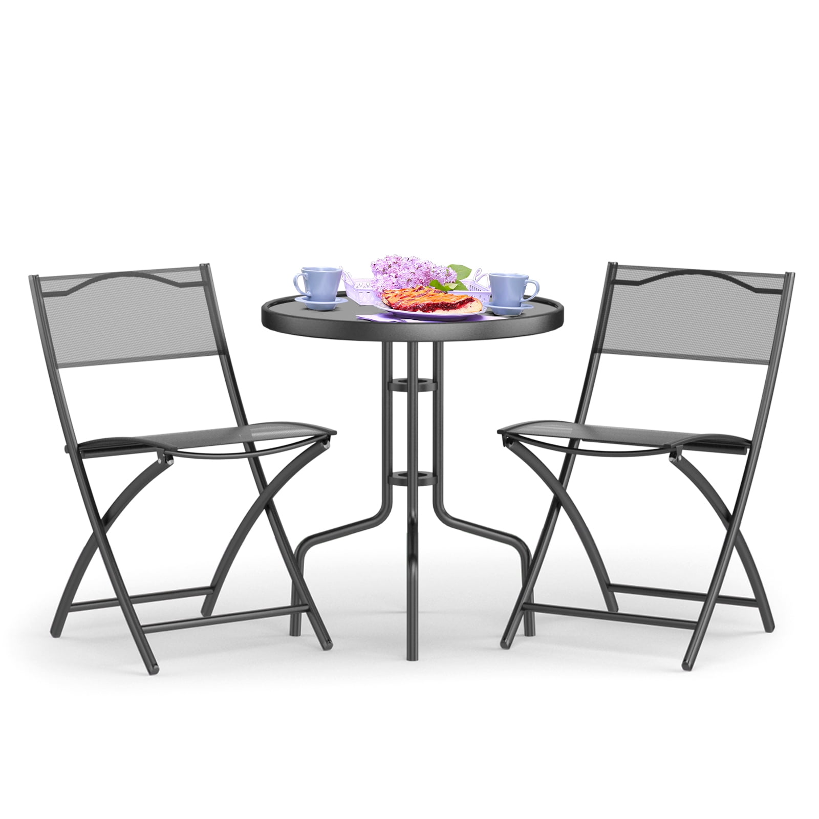 Giantex 3 Pcs Bistro Set Garden Backyard Round Table Folding Chairs with Rust Proof Steel Frames Reinforced Glass Design Outdoor Patio Furniture