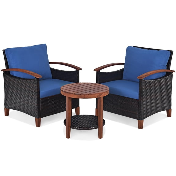 Giantex 3 Pieces Patio Furniture Set, Outdoor Rattan Sofa and Side Table with Solid Acacia Wood Frame, High Load Bearing Conversation Bistro Set with Washable and Removable Cushions