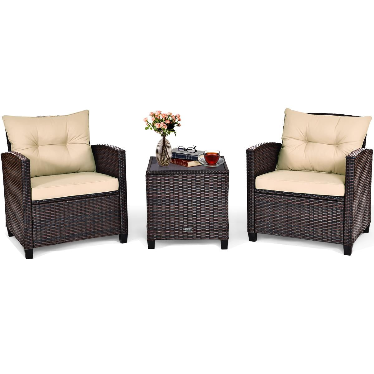 Giantex 3 Pieces Patio Furniture Set, PE Rattan Wicker 3 Pieces Outdoor Sofa Set with Washable Cushion and Tempered Glass Tabletop, Conversation Furniture for Garden Poolside Balcony (Brown)