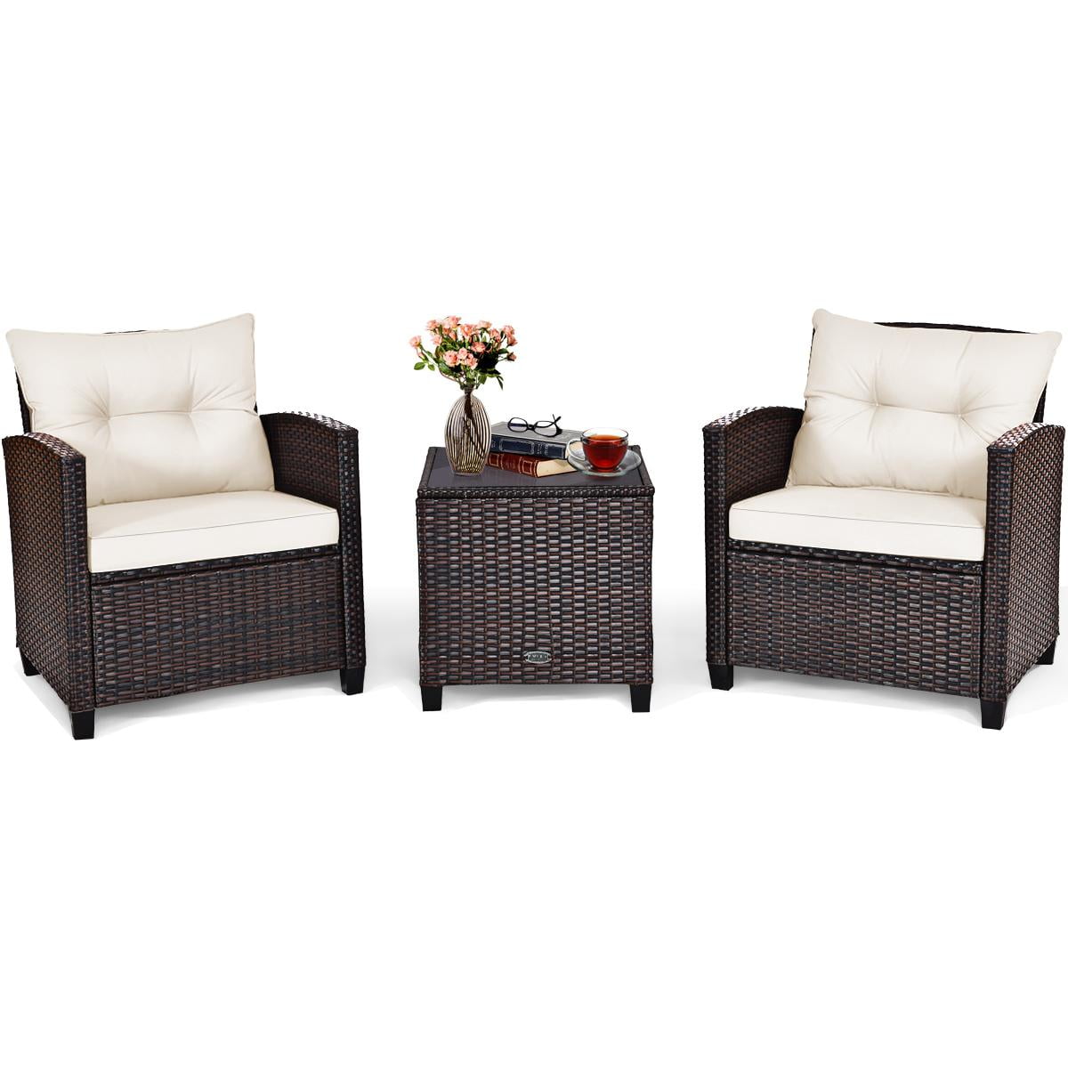 Giantex 3 Pieces Patio Furniture Set, PE Rattan Wicker 3 Pcs Outdoor Sofa Set w/Washable Cushion and Tempered Glass Tabletop, Conversation Furniture for Garden Poolside Balcony (White)