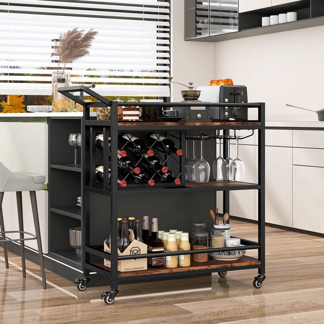 Giantex 3-Tier Bar Cart, Industrial Serving Cart w/Wine Racks & Glass ...