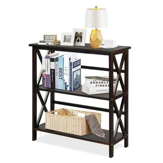 Giantex 3-Tier Bookcase & Bookshelf, Stable Open Storage Shelf w/Solid Wood Frames & X-Design for Home Office, Espresso