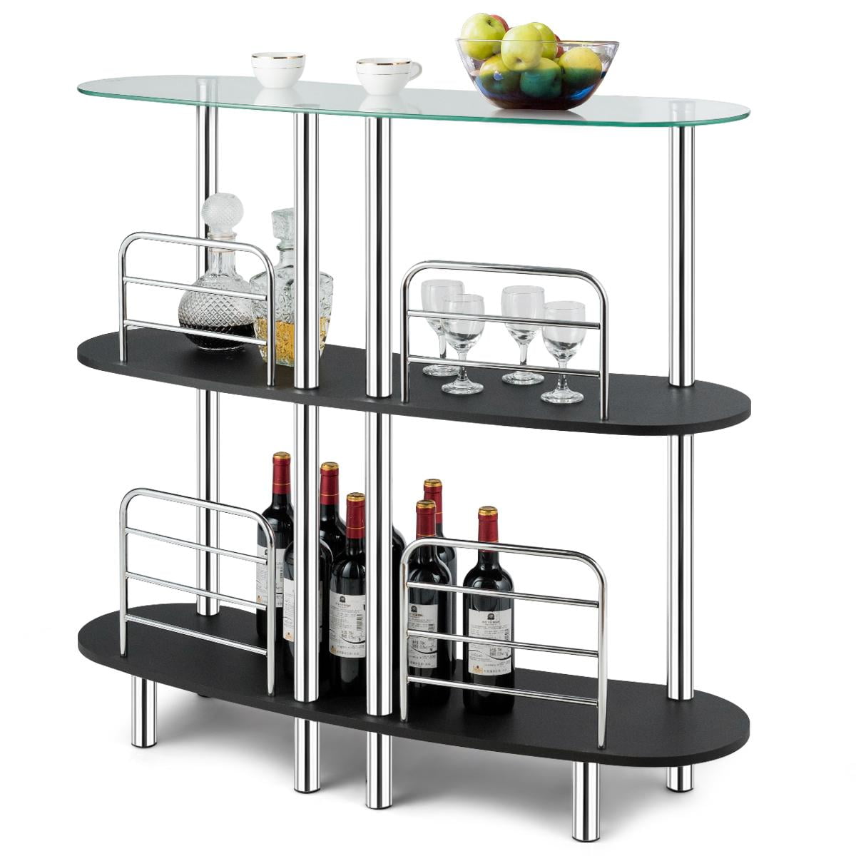 F2059 3 tier moderna collection white glass and chrome metal bar table with  glass racks