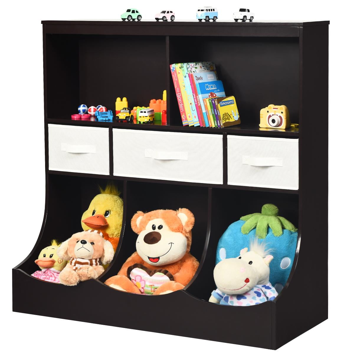 Giantex 3-Tier Kids Bookcase Toddler Storage Organizer Cabinet Shelf w/8 Compartment Box &  Removable Drawers for Children, Espresso