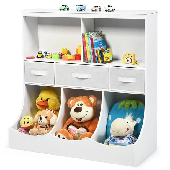 Giantex 3-Tier Kids Bookcase Toddler Storage Organizer Cabinet Shelf w/8 Compartment Box & Removable Drawers for Children, White