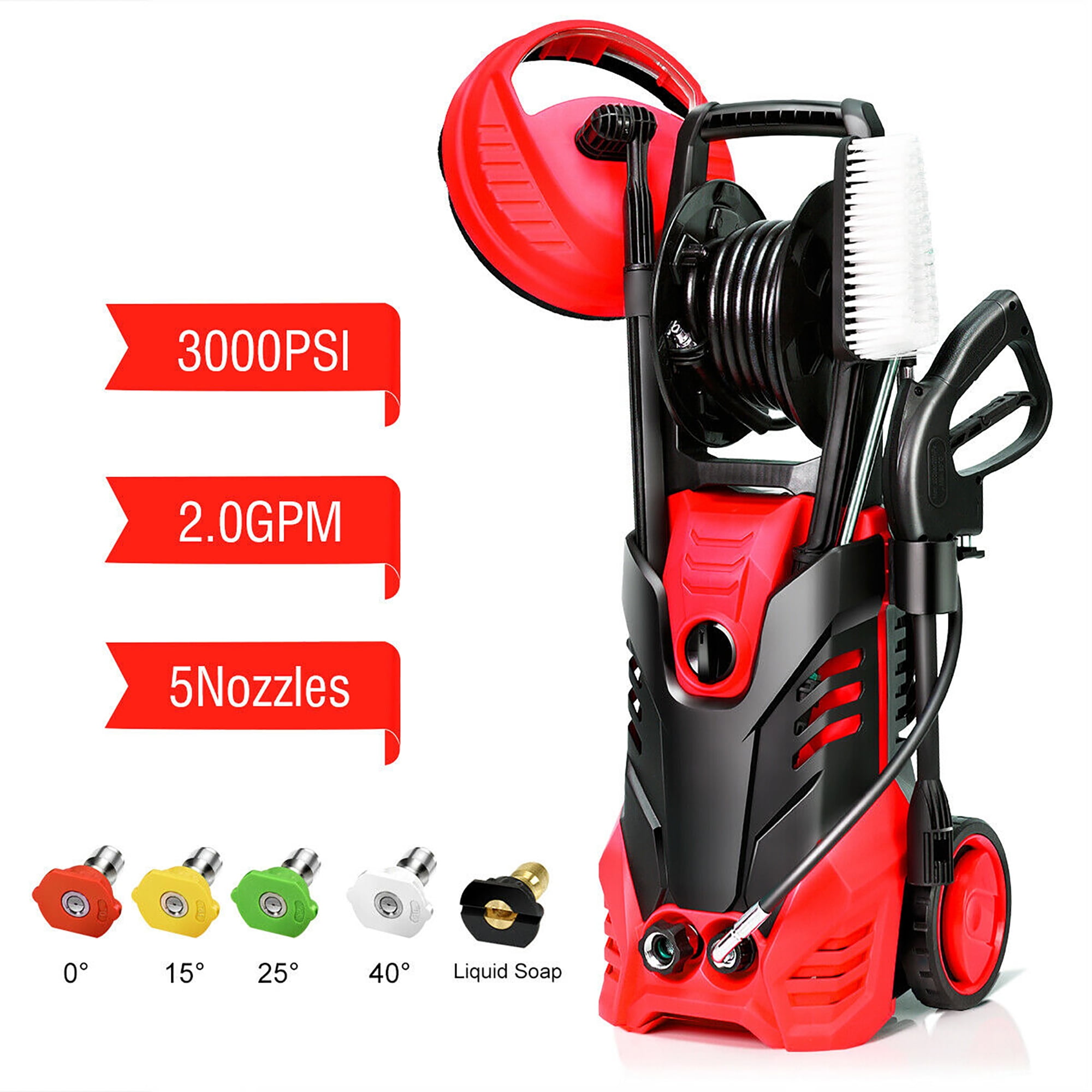 Giantex 3000PSI Electric Pressure Washer, Portable High Power Washer w/ 5  Nozzles, Hose Reel, Soap Bottle, 2 GPM 2000W (Red) 