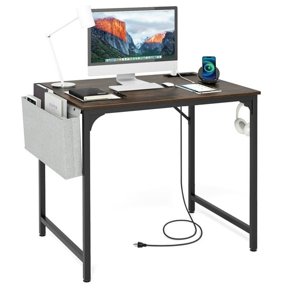 Giantex 32 Inch Computer Desk, Modern Writing Desk, Home Office Workstation Table w/Heavy-Duty Metal Frame & Charging Station, Rustic Brown