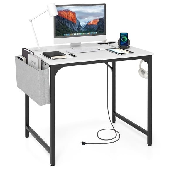 Giantex 32 Inch Computer Desk, Modern Writing Desk, Home Office Workstation Table w/Heavy-Duty Metal Frame & Charging Station, White