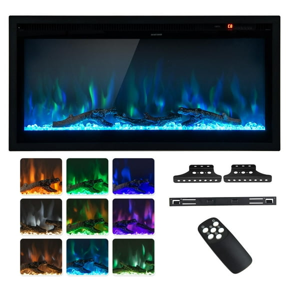 Giantex 36/42/50 Inch Electric Fireplace, Linear Fireplace Insert w/ Remote Control, Wall Mounted/Recessed/Frestanding Electric Fireplace Heater, 750W/1500W