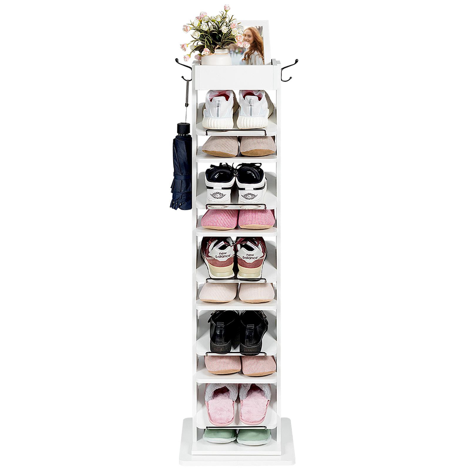 Giantex 360° Free Rotating 10-Tier Shoe Rack, Vertical Wood Shoe Storage  Shelves w/Hooks & Extra Top Storage, Free Standing Perfect for Narrow  Closet, Entryway (White) 