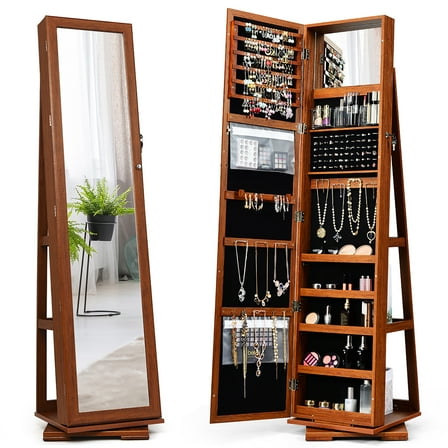 Giantex 360° Rotating Jewelry Armoire w/Higher Full Length Mirror, Standing Lockable Cabinet Organizer w/ Large Storage Capacity, Inside Makeup Mirror(Walnut)