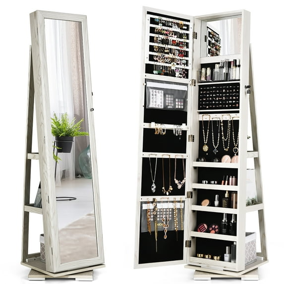Giantex 360° Rotating Jewelry Armoire w/Higher Full Length Mirror, Standing Lockable Cabinet Organizer w/ Large Storage Capacity, Inside Makeup Mirror(White)