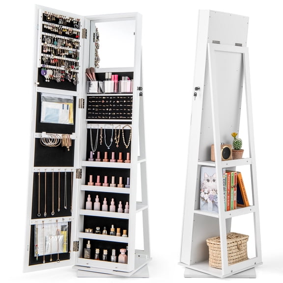 Giantex 360° Rotating Jewelry Cabinet, Freestanding Organizer w/Full-Length Mirror & Rear Shelves, White
