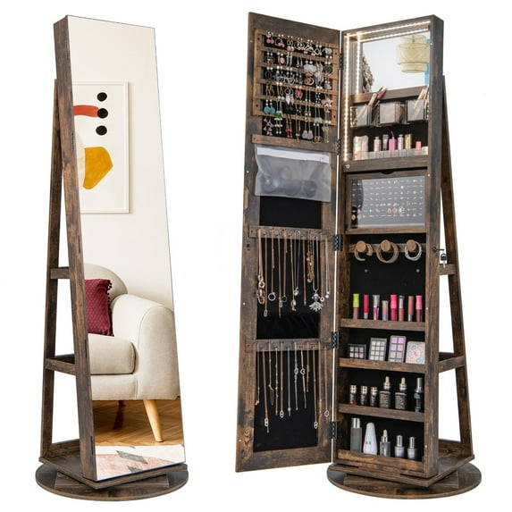 Giantex 360° Swivel Jewelry Cabinet, Lockable Jewelry Armoire w/Full-Length Mirror & 3-Color LED Lights, Freestanding Jewelry Organizer w/Inside Mirror, Foldable Shelf, Coffee