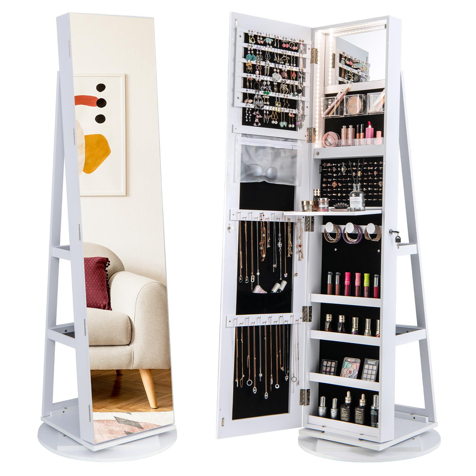 Full Length Mirror Jewelry Cabinet With LED Lights & Storage - 360° Swivel Standing Armoire With Makeup Shelf, Drawer, And Shelves (Brown)