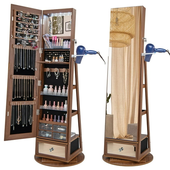 Giantex 360° Swivel Jewelry Cabinet, Standing Jewelry Armoire Organizer w/LED Light, Full Length Mirror & Dressing table, Walnut