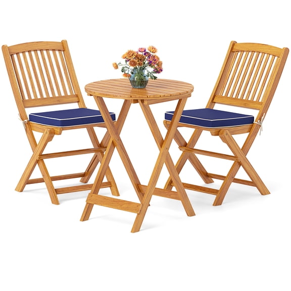 Giantex 3Pcs Patio Bistro Set, Wood Folding Table Set, 2 Cushioned Chairs for Garden Yard