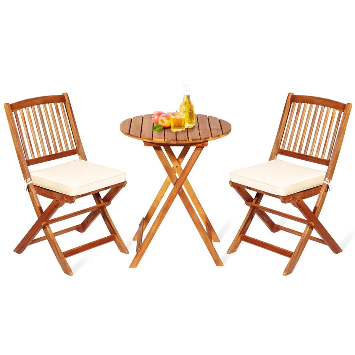 Natural Acacia Wood Outdoor Folding Bistro Set with Beige Cushions