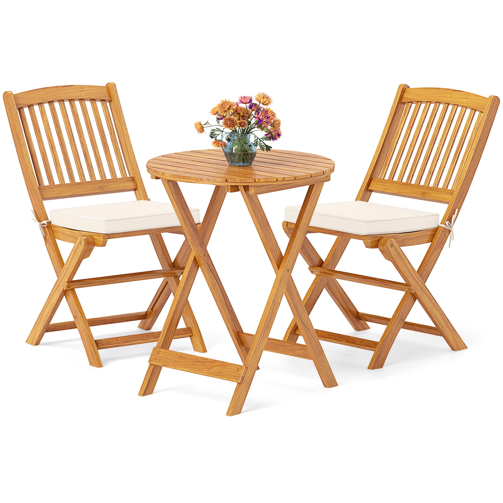 Natural Acacia Wood Outdoor Folding Bistro Set with Beige Cushions