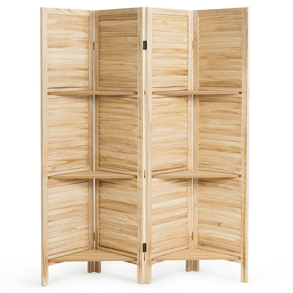 Giantex 4-Panels Wood Room Divider with Display Shelf Folding Privacy Room Dividers Screen for Home Office, 5.6FT, Brown