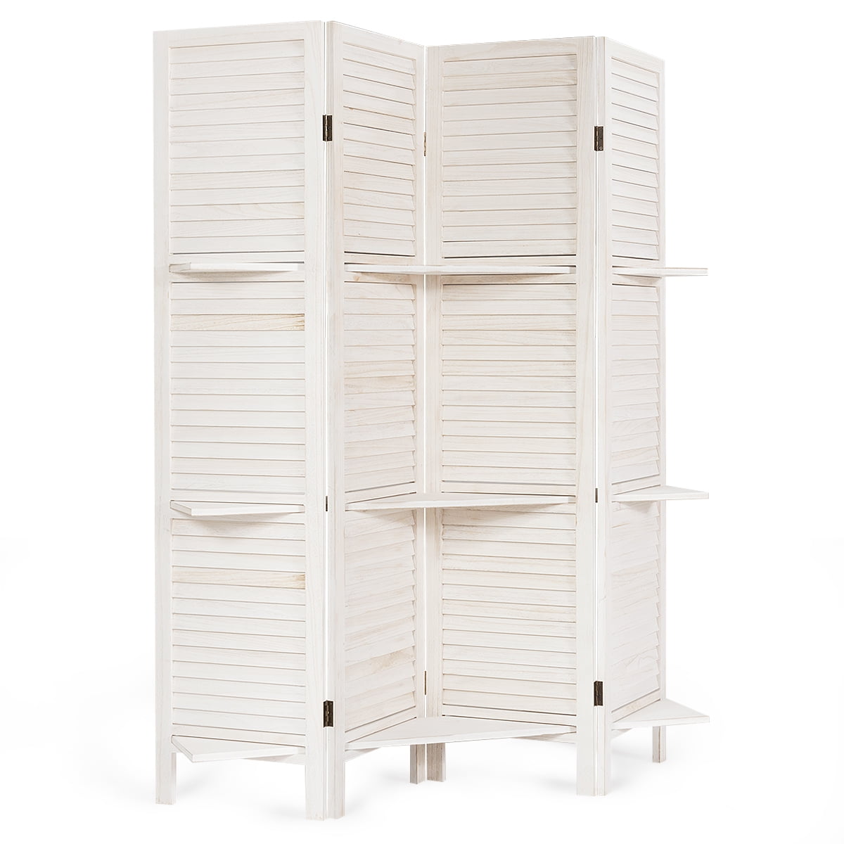 Giantex 4-Panels Wood Room Divider with Display Shelf Folding Privacy Room Dividers Screen for Home Office, 5.6FT, White