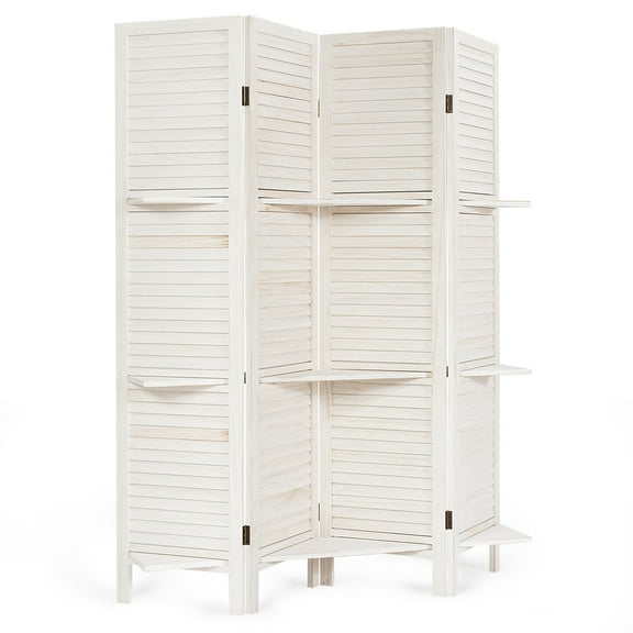 Giantex 4-Panels Wood Room Divider with Display Shelf Folding Privacy Room Dividers Screen for Home Office, 5.6FT, White